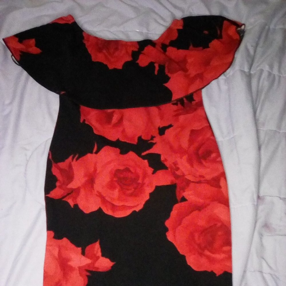 I'm selling a OMEGA COLLECTION black dress with big roses. (Very sexy)